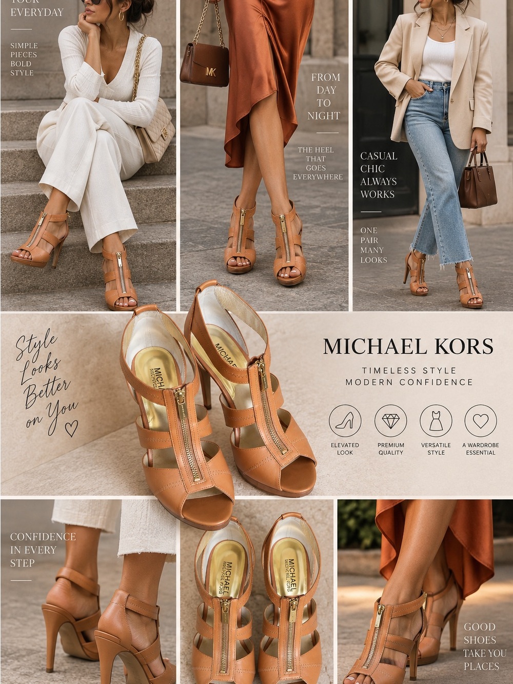 Michael Kors Tan Leather T-Strap High Heel Sandals with Gold Zipper